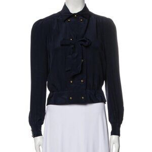 Adolfo 100% Silk Long Sleeve Crop Navy Blue Gold Buttons EUC